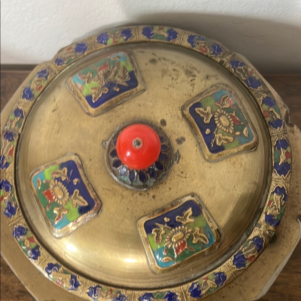 Antique Chinese Tea Caddy Box Repousse Brass Enamel Relief - Picture 4 of 16